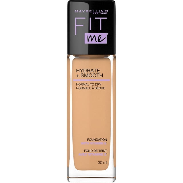 Foundation Fit Me Dewy Finish Hydrate + Smooth by Maybelline New York, a 30 ml liquid foundation for normal to dry skin that hydrates and smooths, providing a natural luminous finish with vitamin E, ideal for creating a fresh, dewy makeup look.