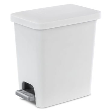 Sterilite 10 L Rectangular StepOn Wastebasket, Small Plastic Trash Can, Hands-Free Open, Ideal for Bathrooms, White