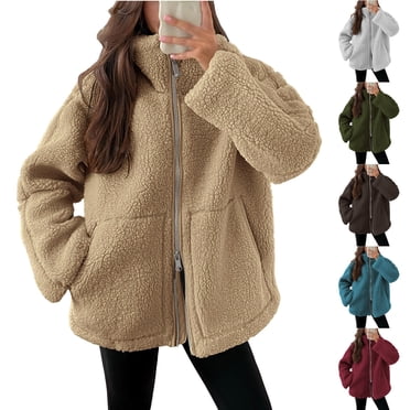 Wiyuqeen Womens Oversized Fleece Sherpa Lined Jacket Casual Zip Up Lapel Long Sleeve Teddy Coat Plain Winter Thick Warm Clothes with Pockets