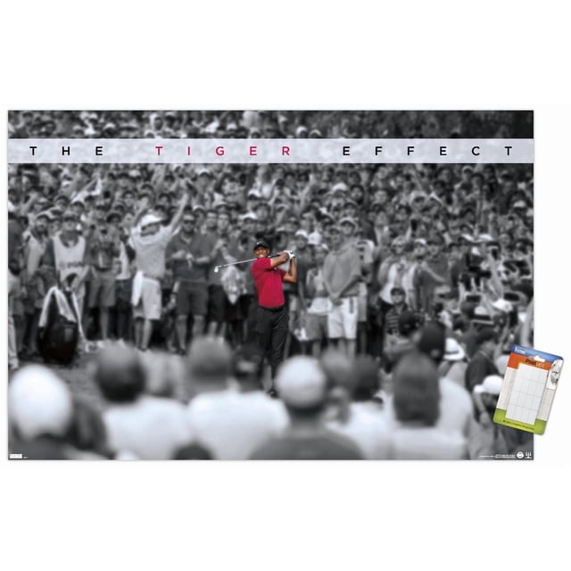 Tiger Woods - The Tiger Effect Wall Poster featuring a centered golfer in a red shirt and black pants swinging a golf club amid a large black-and-white crowd, with the text 'THE TIGER EFFECT' across the top in black and red letters, ideal for home décor and office wall art.