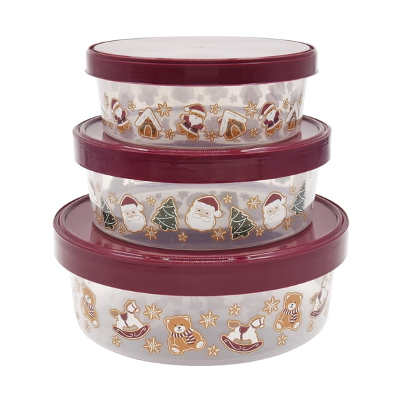 Holiday Times Contenants ronds en plastique pour aliments à motif de pain d’épices, multicolores, 3 pièces