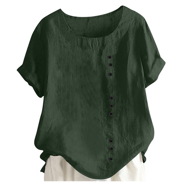 Timegard Hauts Grande Taille pour Femmes Col Rond Manches Courtes Bouton Blouse Légère Décontractée Ample Hauts