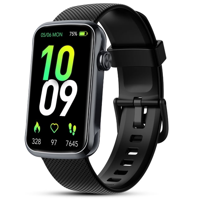 1.47-inch smartwatch for women and men with a black silicone strap, featuring a full touch screen and multiple sport modes. The watch displays time, date, battery percentage, and fitness metrics like steps, heart rate, and calories burned. It is IP68 waterproof, compatible with Android and iPhone, and includes features like Bluetooth calls, fitness tracking, weather updates, and customizable watch faces.
