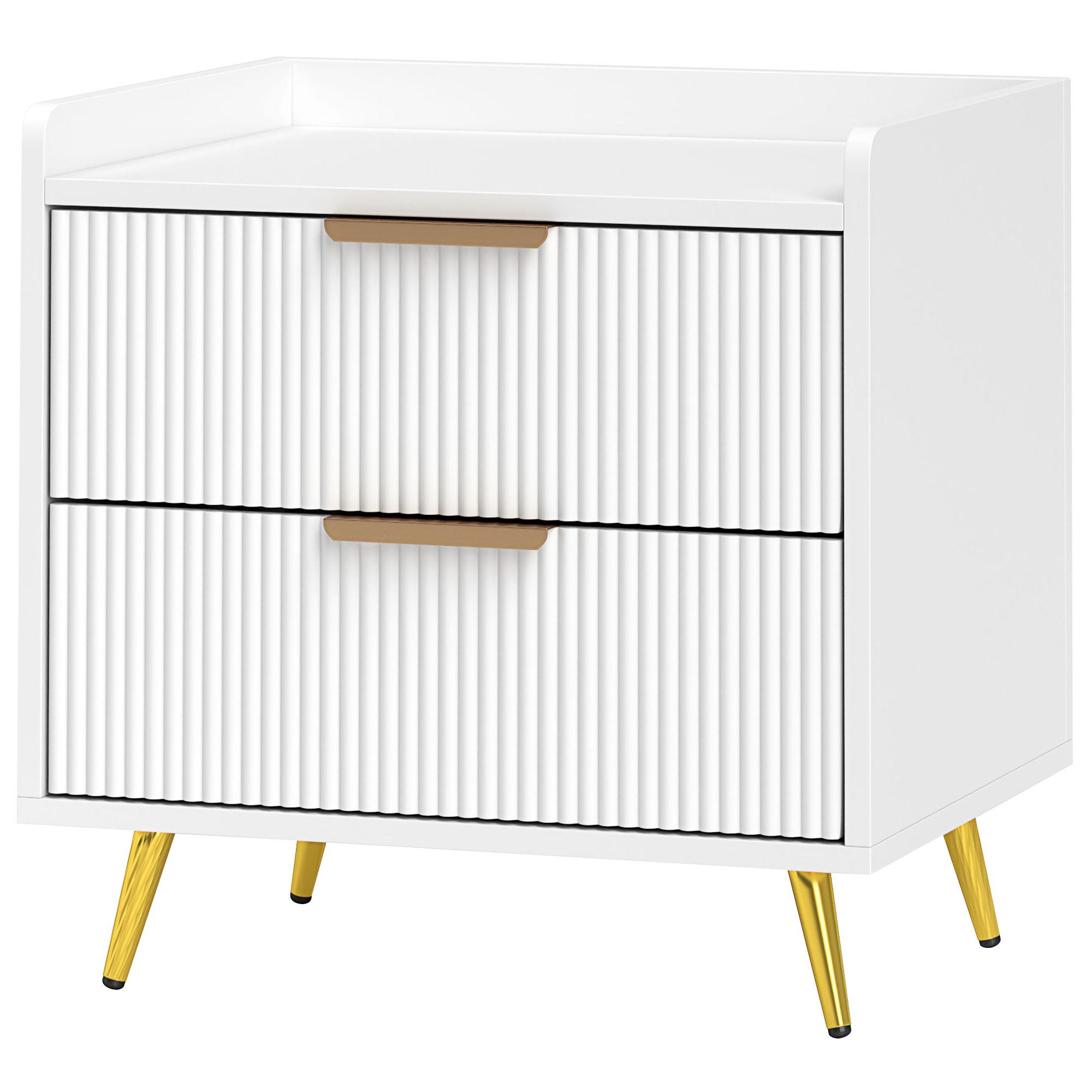 Modern White Bedside Table with 2 Fluted Drawers and Gold Metal Legs, 19.7" W x 15.7" D x 19.7" H MDF Nightstand for Bedroom, Living Room, and Side End Table Storage Cabinet