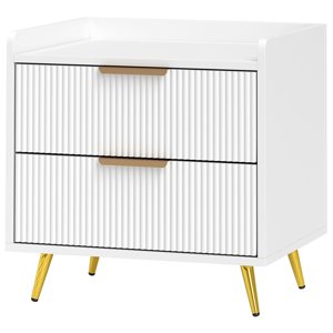 Modern White Bedside Table with 2 Fluted Drawers and Gold Metal Legs, 19.7" W x 15.7" D x 19.7" H MDF Nightstand for Bedroom, Living Room, and Side End Table Storage Cabinet