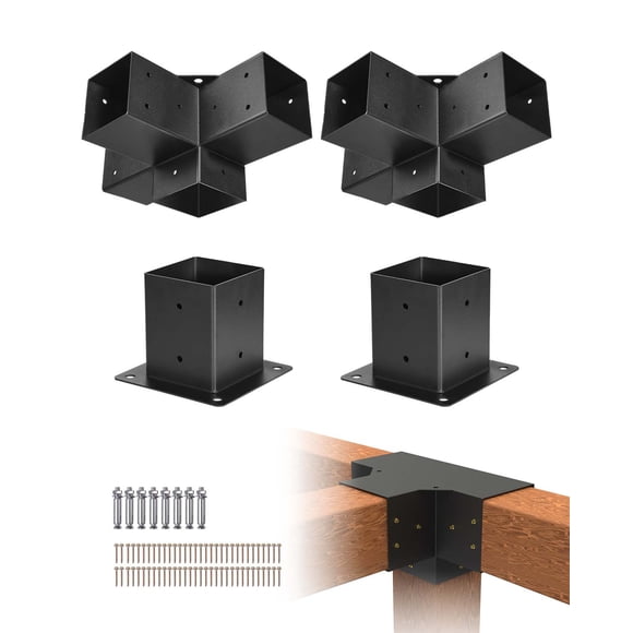 VEVOR 4x4 Inch Pergola Bracket Kit Inner 3.5x3.5 4-Way Brackets 2 Pcs with 2 Bases