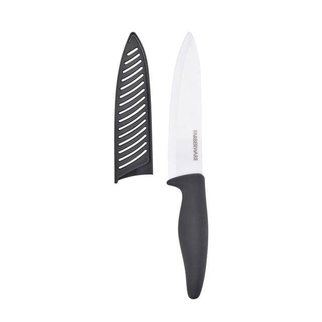 Farberware Ceramic 6" Chef Knife with a white ceramic blade and black soft-grip handle, shown with a ventilated black protective blade cover, designed for precise cutting, slicing, and dicing in kitchen cutlery.