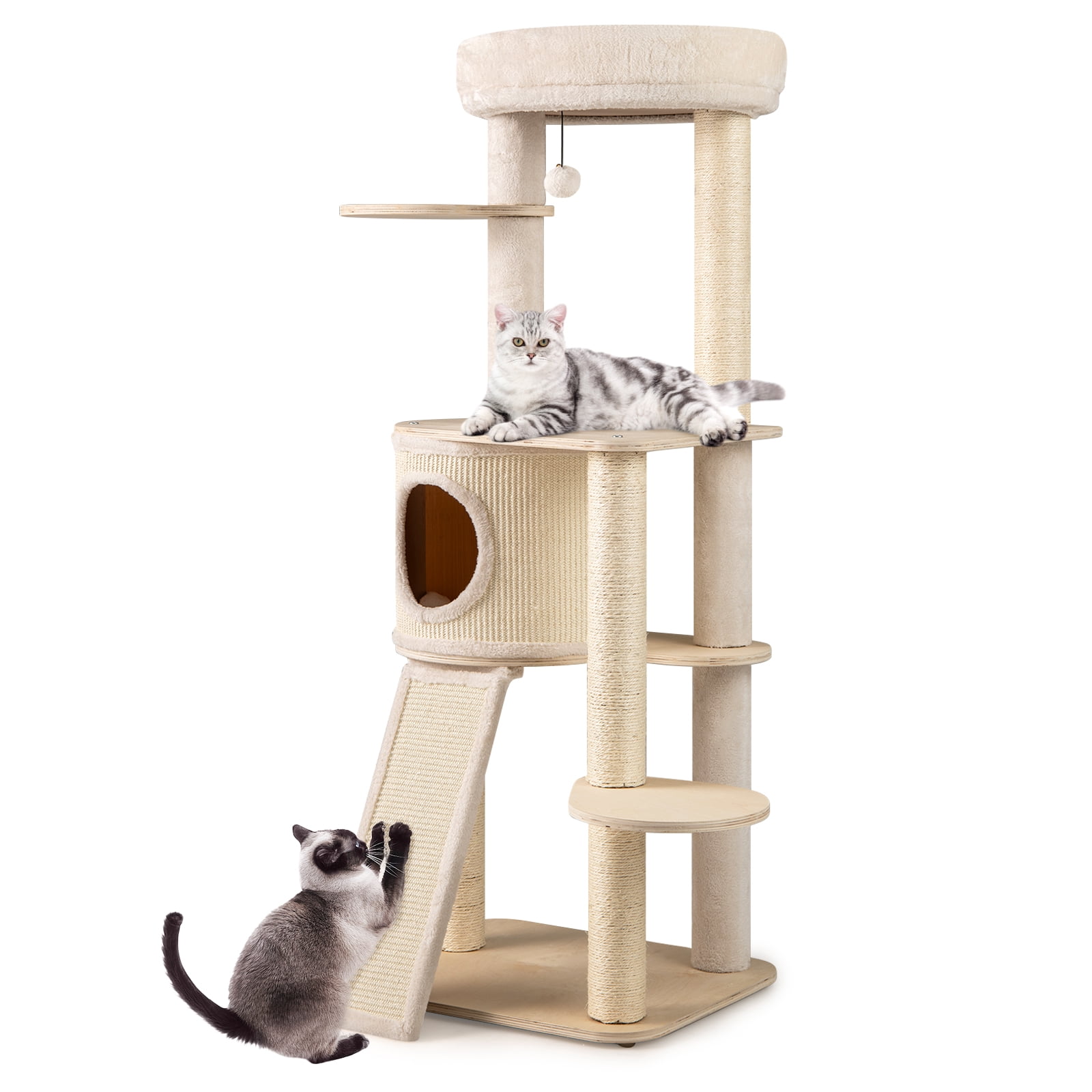 Gymax 56'' Tall Cat Tree Wooden Kitten Tower w/Sisal Scratching Posts & Mat & Ladder