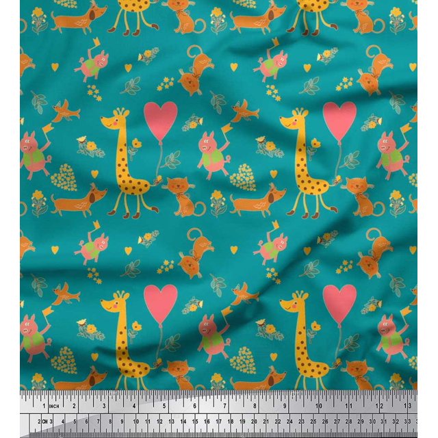 Soimoi Polyester Crepe Fabric Balloon,Floral & Cute Animals Cartoon Print Fabric by Yard 42 Inch Wide