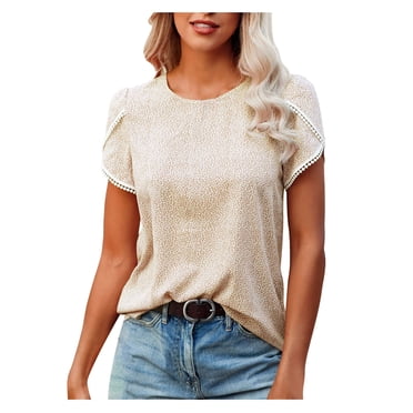 GDREDA Hauts pour Femmes Décontractés en Dentelle Crochet Manches Courtes Col Rond Été Blouse Ample Chemise Tunique Haut Était Sorti Manches Longues