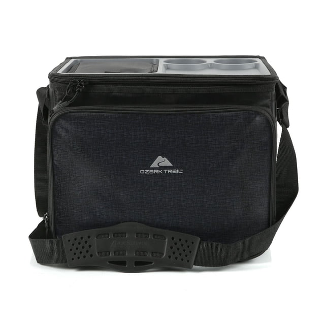 Ozark Trail 40 Can TableTop™ Cooler in black with 27 quart capacity, featuring high-density thermal insulation, a sturdy tabletop with two drink holders, Ultra Safe® leak-proof lining, a front zippered pocket, and an adjustable Backsaver® shoulder strap with anti-slip pad.
