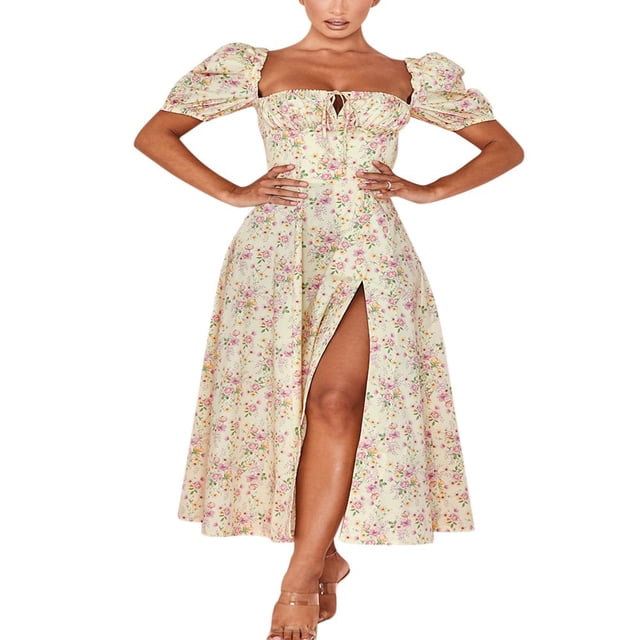 Women‘s Puff Sleeve Split Maxi Dress Square Collar Ruffle Floral Boho Dresses Cottagecore Backless Sundress