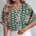thumbnail image 2 of Pompotops Femmes Décontracté Bohème Ample Imprimé Manches Courtes Col en V Chandail Blouse Hauts, 2 of 8