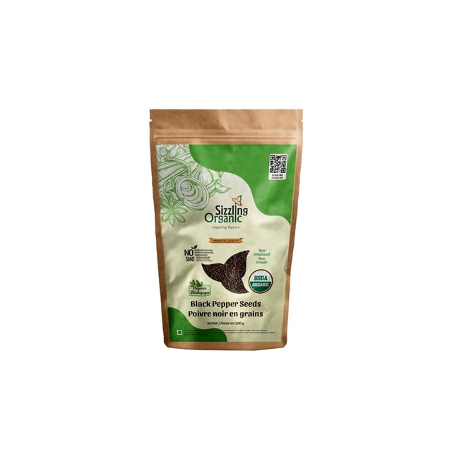 Whole Black Pepper 100g - USDA Organic by Sizzling Organic, packaged in a resealable freshness pouch. The front of the pouch features a green and beige design with the USDA Organic logo, emphasizing its chemical-free, non-GMO, and ethically sourced qualities. Ideal for enhancing Indian and North American cuisine, such as curries, steaks, and marinades.