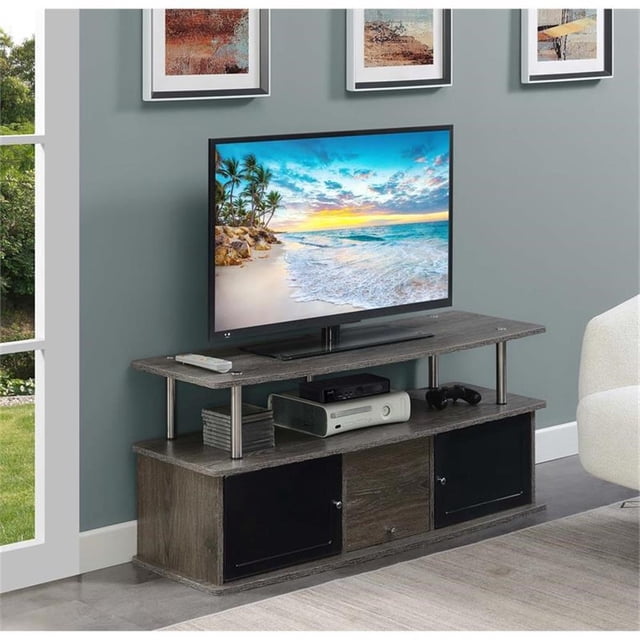 Designs2Go TV Stand with Three Storage Cabinets and Shelf in Medium Gray Wood