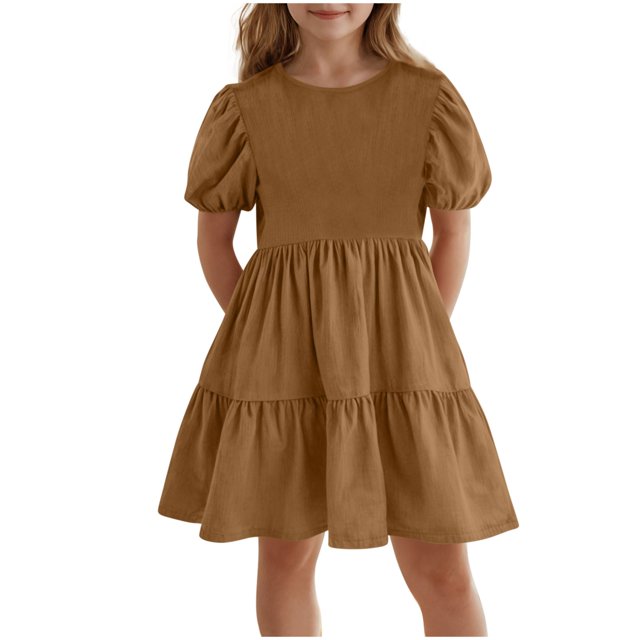 Mgmyaa Robe d'Été à Volants à Manches Courtes Smockée pour Filles, Col Ras du Cou, Ligne A, Fluide, Mini, Taille 5-15 Ans