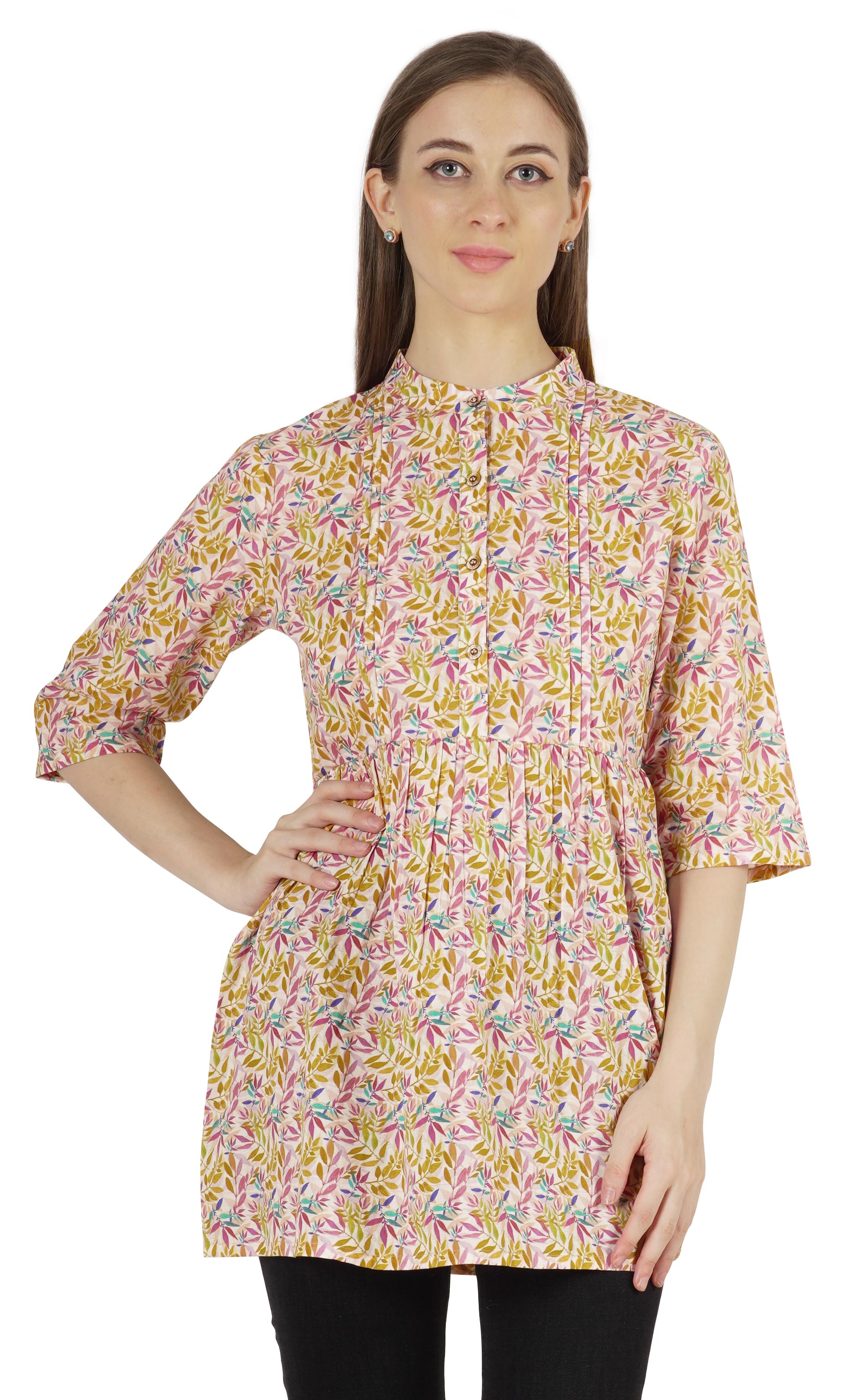 Moomaya Tunique en Coton Imprimé pour Femmes, Col Mandarin, Tenue Ethnique, Kurti à Épingles