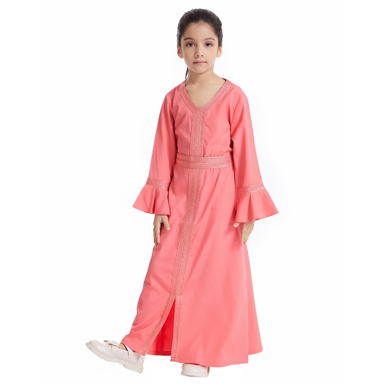 Hiiyo Big Girls Long Sleeve V-Neck Kaftan Maxi Dress Abaya Robe