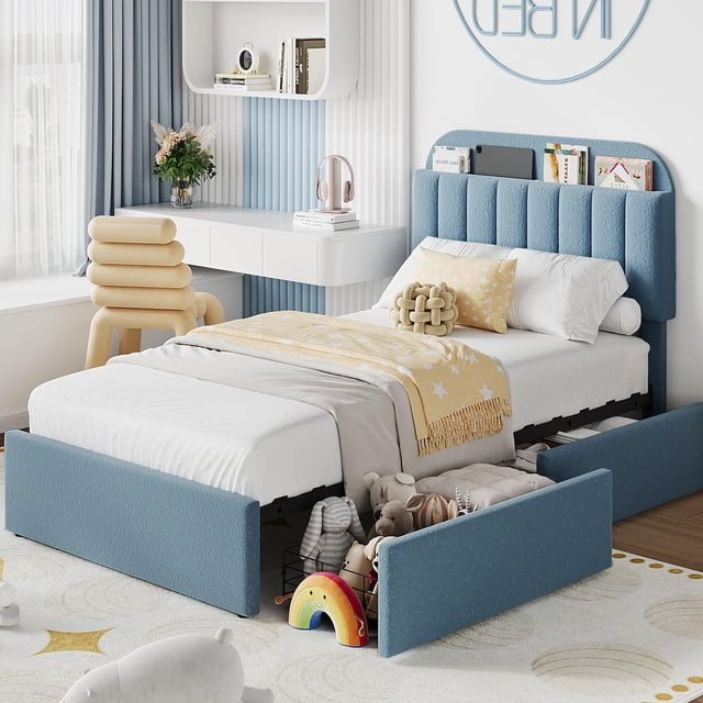 BeesClover Twin Upholstered Platform Bed with 2 Storage Drawers, Bookcase-Style Headboard, Quiet Operation, Tool-Free Setup