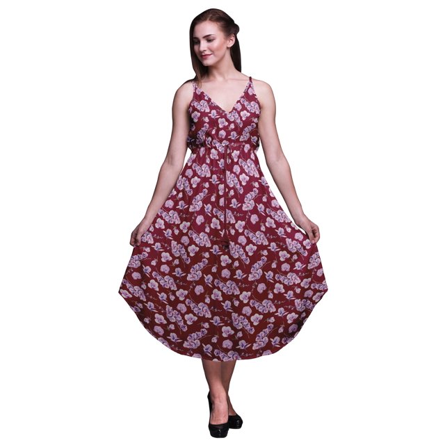 Bimba Robe Midi à Cordon Imprimée Florale pour Femmes, Bretelles Spaghetti, Tenue de Plage - Petite