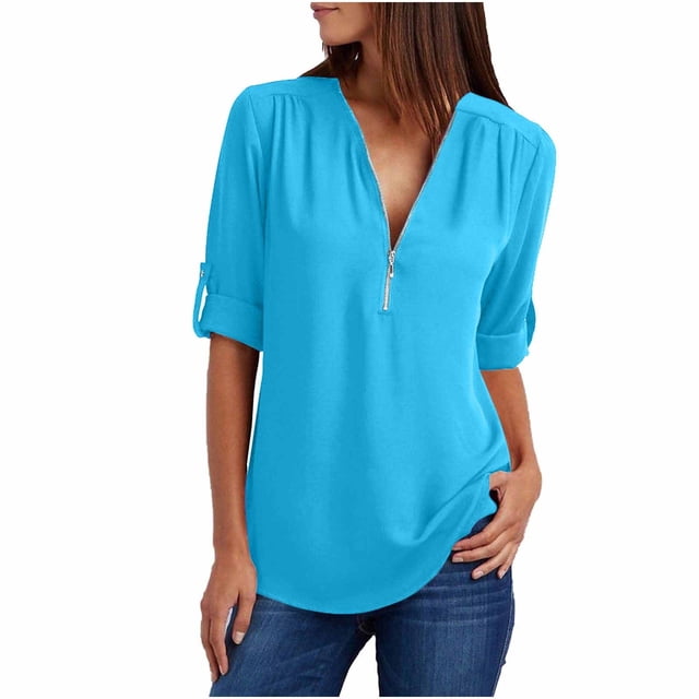 Chemises à Manches Longues pour Femmes Chemises d'Été à Manches Longues pour Femmes Tunique Décontractée à Fermeture Éclair Col en V Blouse à Manches Roulables Hauts
