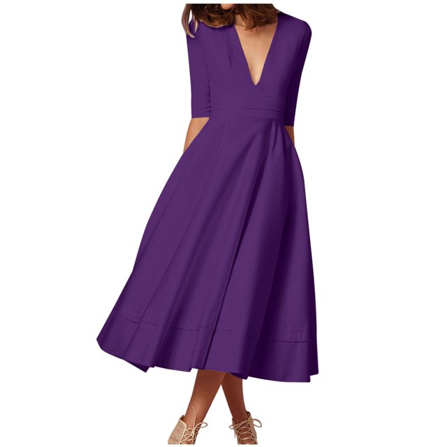 Meichang Robe Femme à Manches 3/4, Coupe Trapèze, Aguichant, Décolleté en V Profond, Robes Maxi avec Poches, Robe d'Été Évasée et Évasée, Douce et Extensible, Robe de Bal, de Soirée, de Fête