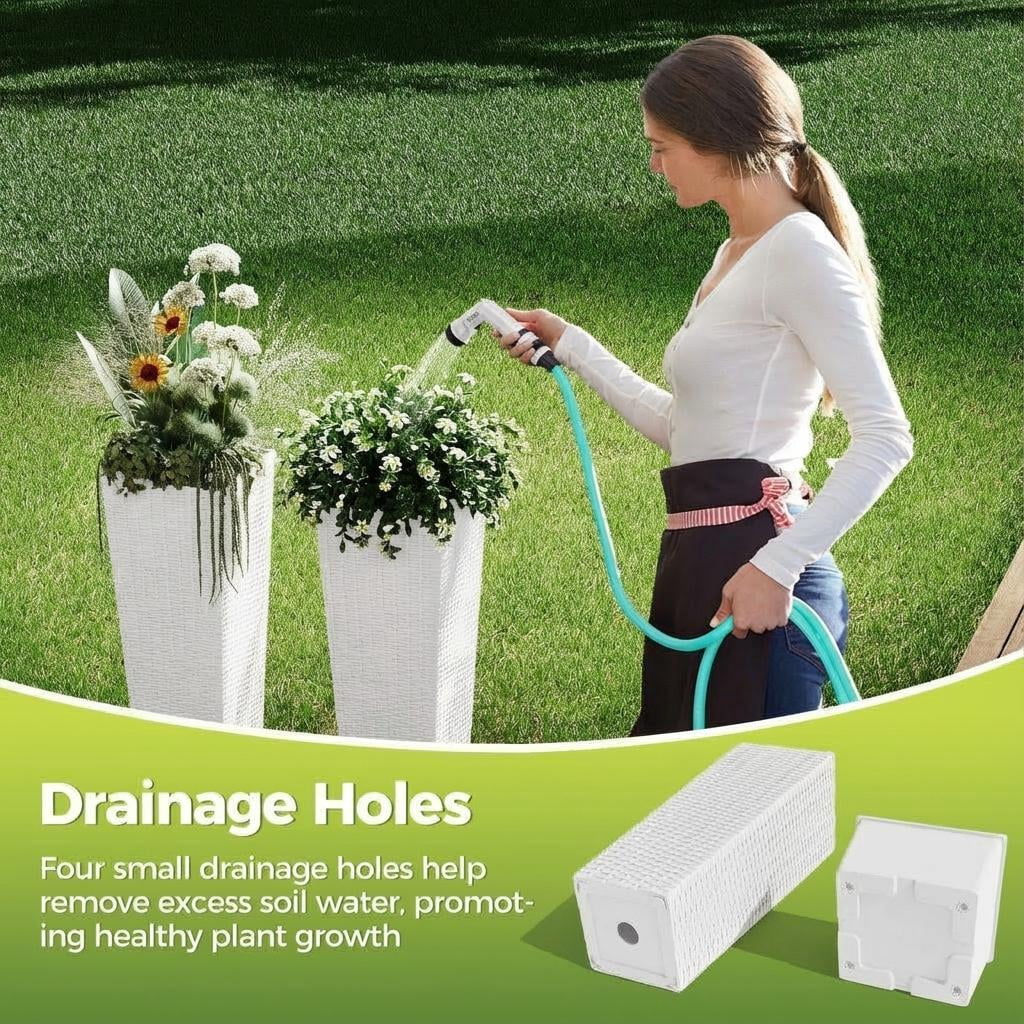 Modern Tall Square Rattan Planters Set of 2 – 24'' & 32'' White Plastic Flower Pots with Drainage, Indoor/Outdoor Plant Containers for Patio, Porch, Garden – 1 Tall, 1 Short