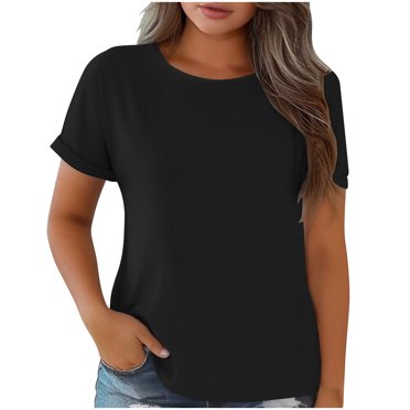 Swstbby Liquidation d'Économies d'Été! Hauts d'Été pour Femmes Grande Taille, T-shirt Ample à Manches Courtes pour Femme Printemps/été à Col Rond Uni avec Détection de la Lumière, Noir TTTG