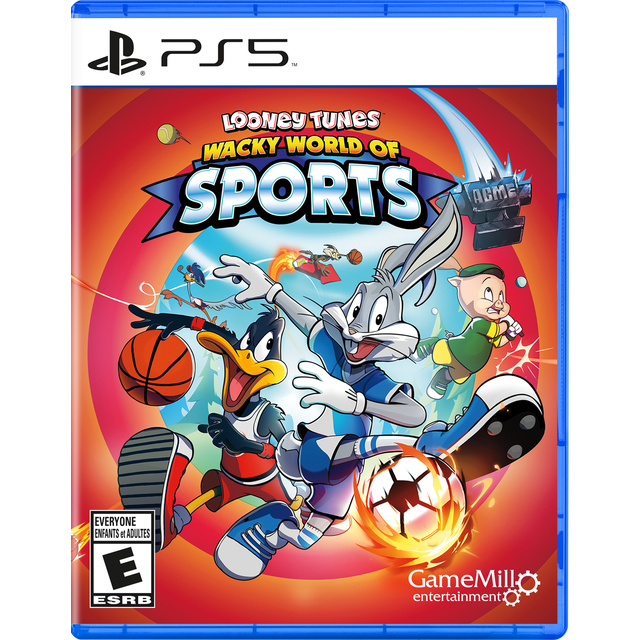 Looney Toons PlayStation 5 Couverture de Jeu Vidéo Mettant en Vedette Bugs Bunny en Tenue de Sport Bleue Qui Dribble un Ballon de soccer en Flammes, Daffy Duck Dribblant un Ballon de basketball et un Cochon Porcelet Se Balançant dans un club de golf, sur Fond Circulaire Rouge et Bleu avec le Titre Looney Tunes Monde Loufoque des Sports et une Enclume ACME Volant dans les Airs.