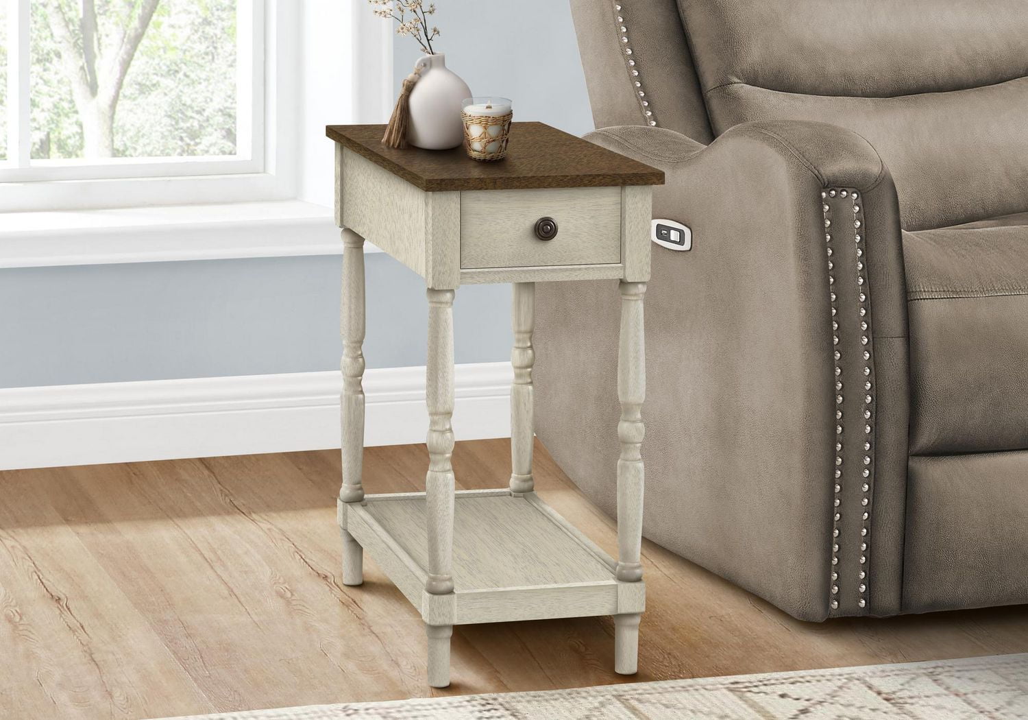 Monarch Specialties Table D'appoint, 2 Niveaux, Bout, Table D'appoint, Table De Nuit, Chambre À Coucher, Étroit, Lampe, Tiroir De Rangement, Placage Brun, Placage Blanc Antique, Traditionnel