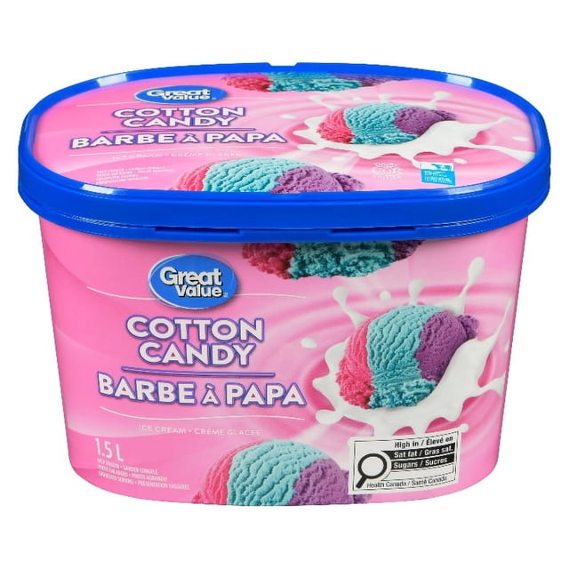 Great Value Cotton Candy Ice Cream in a 1.5 L pink tub with a blue lid, featuring multicolored cotton candy flavored ice cream scoops in blue, purple, and pink splashing into milk, made with 100% Canadian milk and ideal as a budget-friendly frozen treat reminiscent of carnival visits.