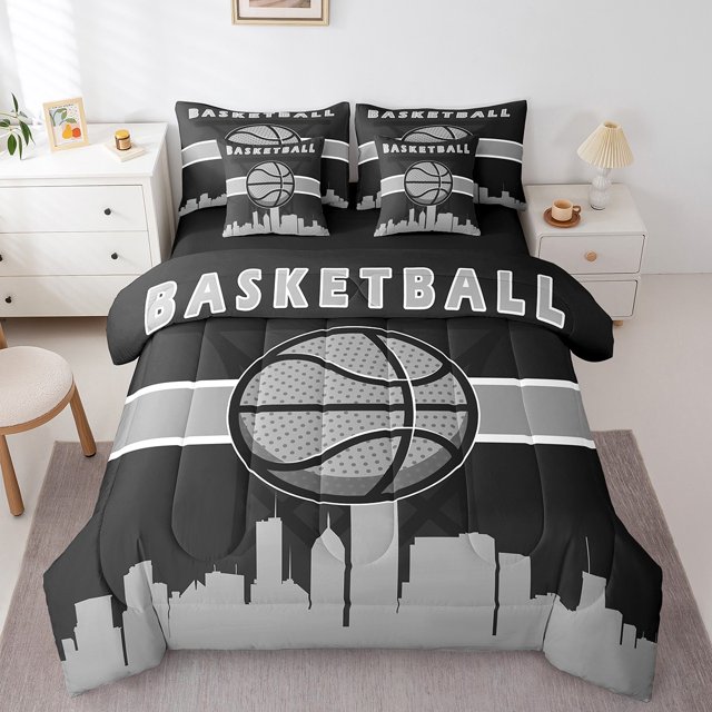 YST Sports Theme Bedding Set, 7-Piece, Basketball, Twin, Black Grey, Comforter Set