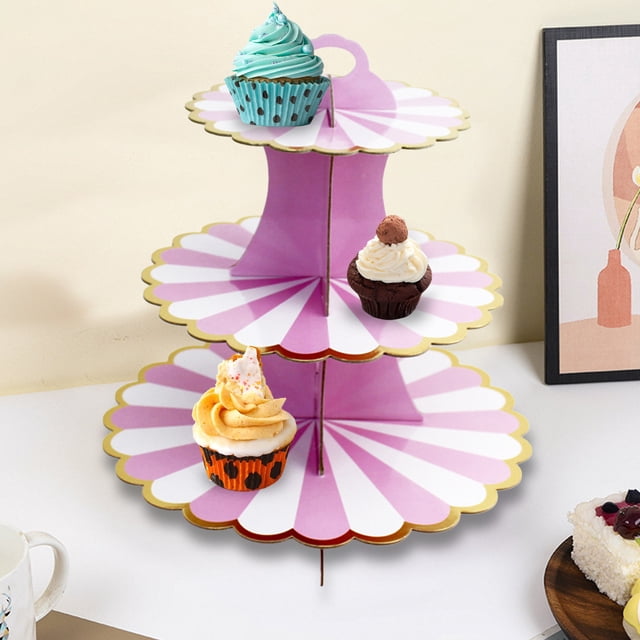 Three Tier Cake Stand, Foil Decorated Paper Display, Birthday Party Anniversary Event, Multi-Level Dessert Tower, Easy Assembly Storage, Centerpiece for Celebrations