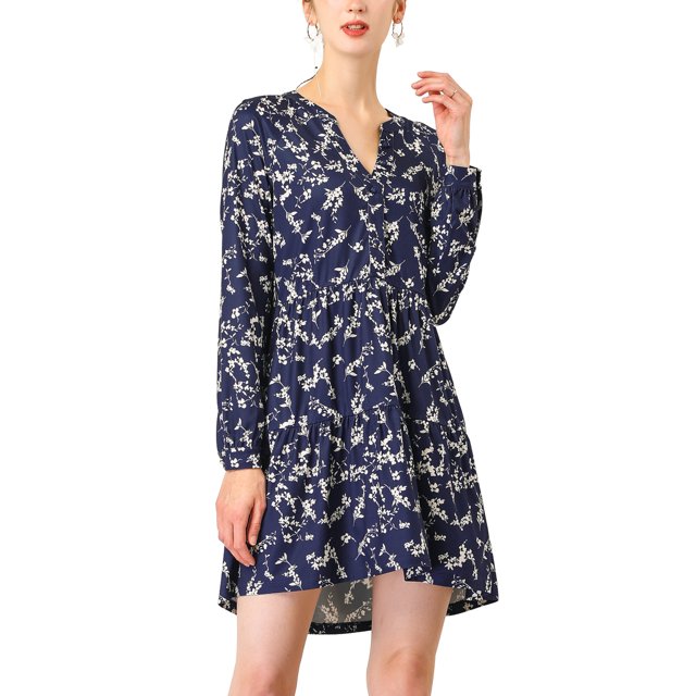 INSPIRE CHIC Robe Décontractée pour Femme à Fleurs, Col en V, Taille Cintrée, Manches Longues