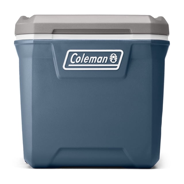 Coleman Classic Series 60-Quart Wheeled Camping Cooler in lakeside blue with a gray Have-A-Seat lid supporting up to 250 lbs, featuring a durable hard cooler body with the Coleman logo, designed for multiday ice retention and outdoor camping use.