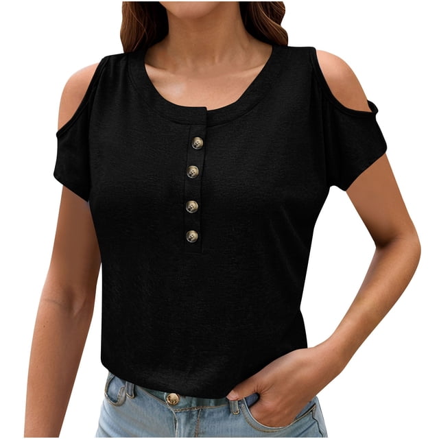 Timegard Plus Size Tops for Women Round Neck Clod Shoulder Button Short Sleeve Comfy Casual Loose Blouse