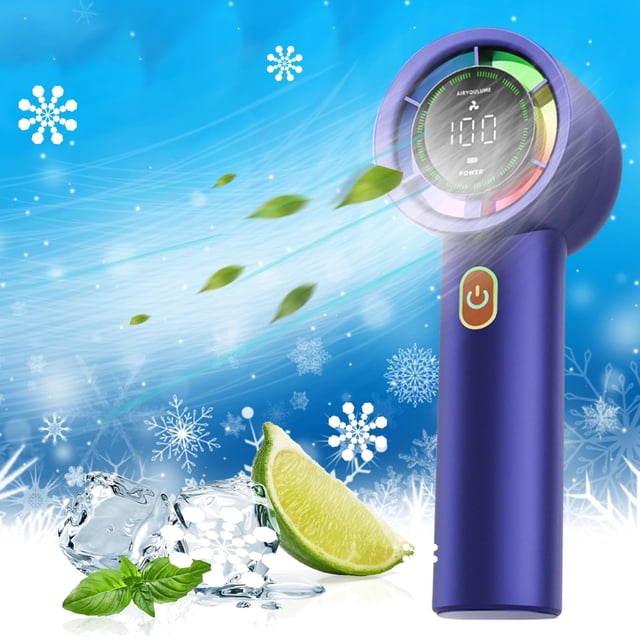Portable Handheld Fan, powerful mini fan with a vibrant blue design, featuring a digital display for speed settings and a colorful button for customization. Emits a cooling breeze, highlighted by snowflake graphics and lime imagery to showcase its refrigeration capabilities. Perfect for personal cooling, travel, and outdoor activities.