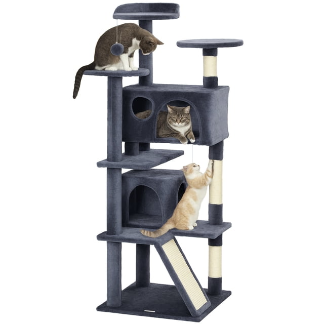 PawHut Arbre à Chat de 54 Pouces avec Poteaux à Griffer, Condos pour Chats, Gris Foncé