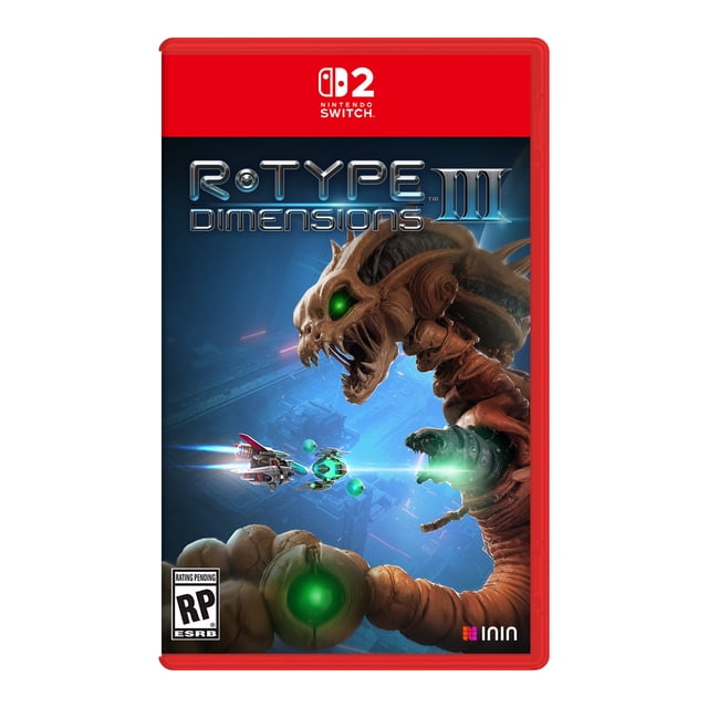 R-Type Dimensions III (Switch 2) Étui de Jeu Orienté vers l'Avant Mettant en Vedette le Chasseur R-90 Ragnarök en Vol au-Dessus d'Un Paysage Tordu Byto-Infesté; silhouette de Navire Angulaire Claire, Propulseurs Bleus Illuminés, Vrilles Mécaniques Organiques et Nœuds Ennemis dans un Espace 3D Sombre et Fracturé, Présenté comme une Oeuvre de Tir à Défilement Latéral de Style Arcade, Convenant à la Coop