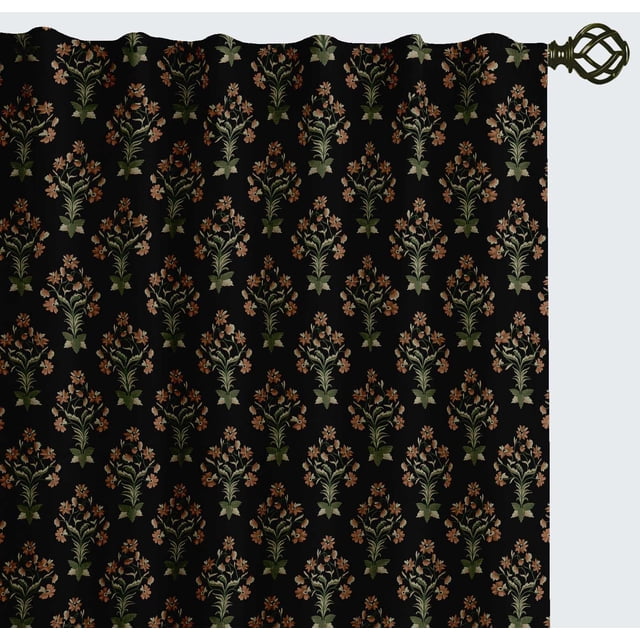 Vargottam Cotton Rod Pocket/Back Tab Curtains - 96" Floor-Length Drapes for Long Doors or Large Windows - Light Filtering, 3-in-1 Header - Set of 2, 52"x96" - Floral Block Print (Black)
