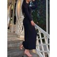 thumbnail image 4 of Faithtur Women's Spring Autumn Long Dress Solid Color Long Sleeve Half High Neck Ruched Tie Up Dress, 4 of 5