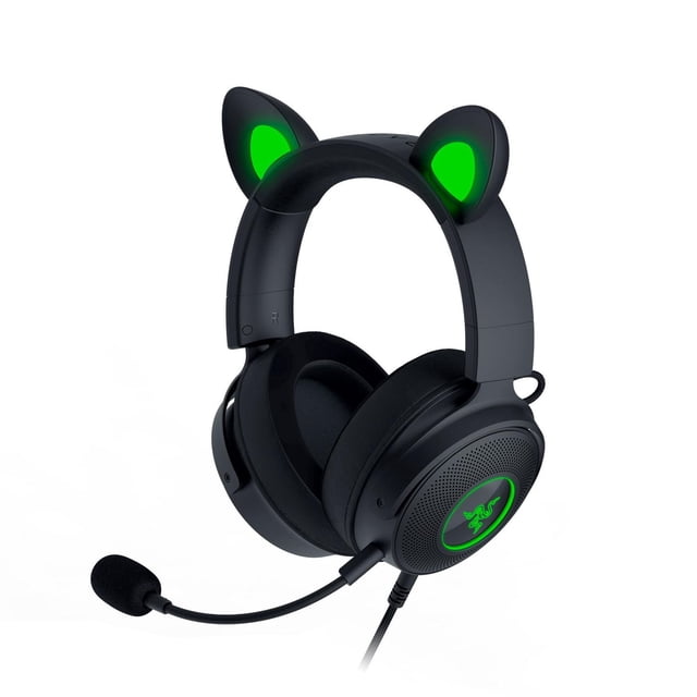 Razer Kraken Kitty Edition V2 Pro wired RGB PC gaming headset with black over-ear leatherette cushions, detachable HyperClear cardioid mic, glowing green Razer logo on earcups, and interchangeable glowing kitty, bear, and bunny ears on the headband.
