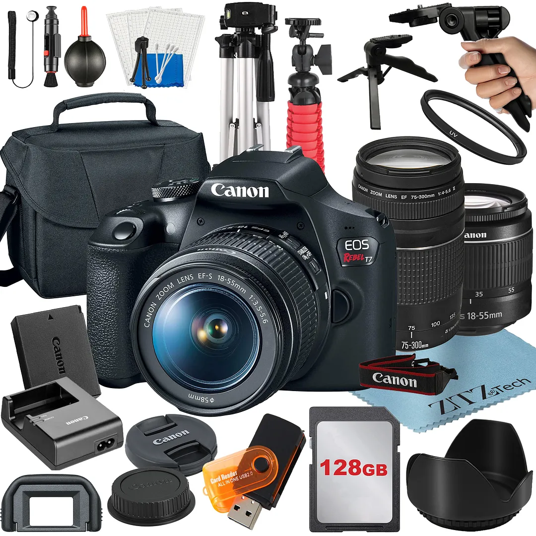 Canon EOS Rebel T7 DSLR Camera Bundle with 18-55mm + 75-300mm Lens + 128GB Card + Case + Tripod + ZeeTech Accessory