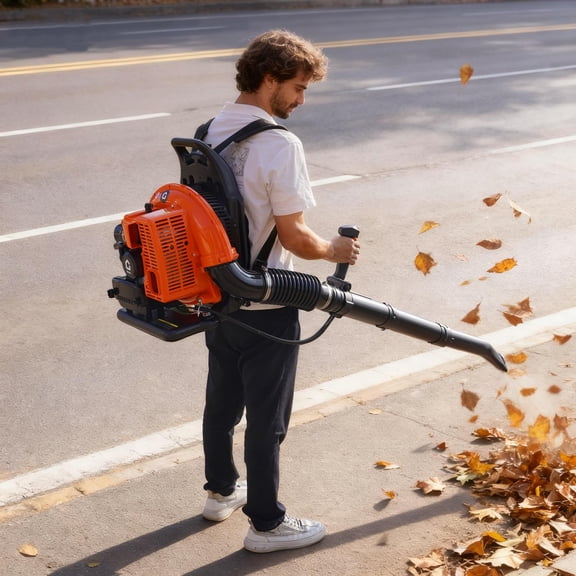 Souffleur de Feuilles à Gaz 66CC 880CFM avec Sac à Dos, Souffleur d'Herbe à Air à 2 Temps avec Harnais Rembourré pour l'Entretien de Pelouse et le Déneigement, Orange Rouge