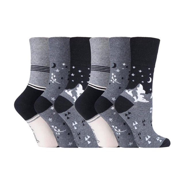 Gentle Grip - 6 Pairs Ladies Gentle Grip Non Elastic Crew Socks featuring a variety of grey and black designs, including stripes, stars, and moon patterns. Made from cotton-rich yarn with a HoneyComb Top for comfort, these socks are ideal for those with circulatory issues or swollen feet. Designed to mould to the natural contours of the legs without leaving constriction marks, they include flat seamed toes for added wearability. Suitable for women, one size fits most.