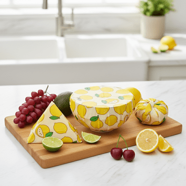 Emballages Alimentaires Réutilisables en Cire d'Abeille – Lot de 3 Motif Citron / Rangement Alimentaire Sans Plastique / Alternative Écoresponsable au Pellicule Adhérente