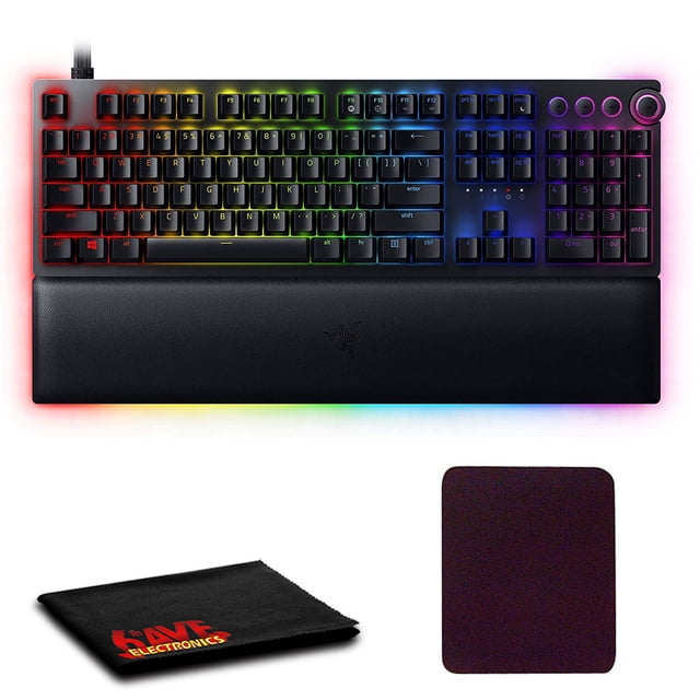 Razer Huntsman V2 Pro Clavier de Jeu Analogique Optique avec Tapis de Souris et Chiffon de Nettoyage. le Clavier Comprend des Commutateurs Optiques Analogiques Razer pour un Actionnement Précis et un Mouvement à 360 Degrés, des Capuchons de Touches doubleshot PBT pour la Durabilité, et un Repose-Poignet Ergonomique Magnétique avec Similicuir Peluche et Éclairage underglow. Comprend un Tapis de Souris Belkin et un Chiffon de Nettoyage en Microfibre.