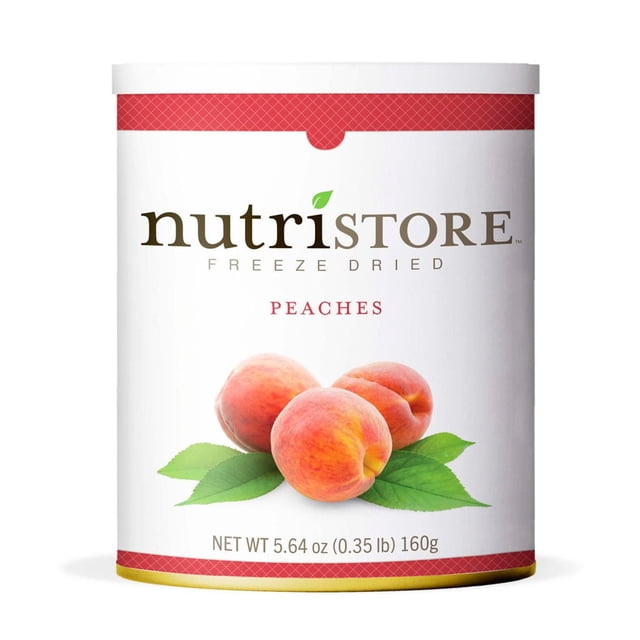 Nutristore Freeze Dried Peaches in a white can with red trim, featuring three peaches and green leaves on the label, weighing 160g (5.64 oz). These vitamin C-rich dried fruit snacks have a 25-year shelf life and prepare quickly for convenient healthy snacking.
