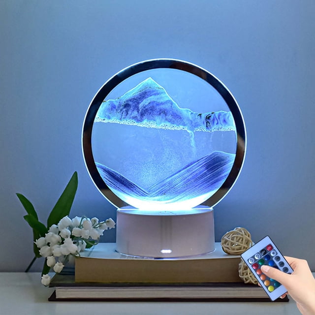 3D Moving Sand Art Table Lamp, Decorative Ambient Lamp with Remote Control USB Powered, Unique Hourglass Bedside Light for Living Room Bedroom Office Gift, Blue