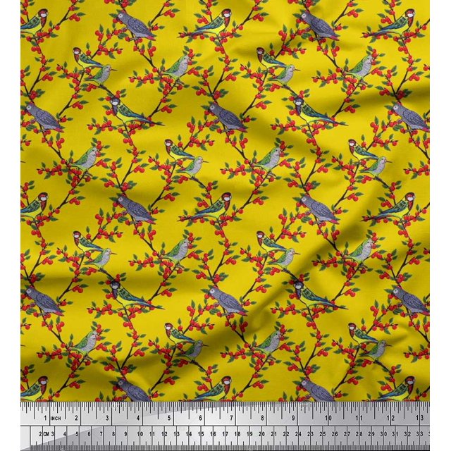 Soimoi Poly Georgette Fabric Leaves,Red Berries & Parrot Bird Decor Fabric Printed Yard 42 Inch Wide